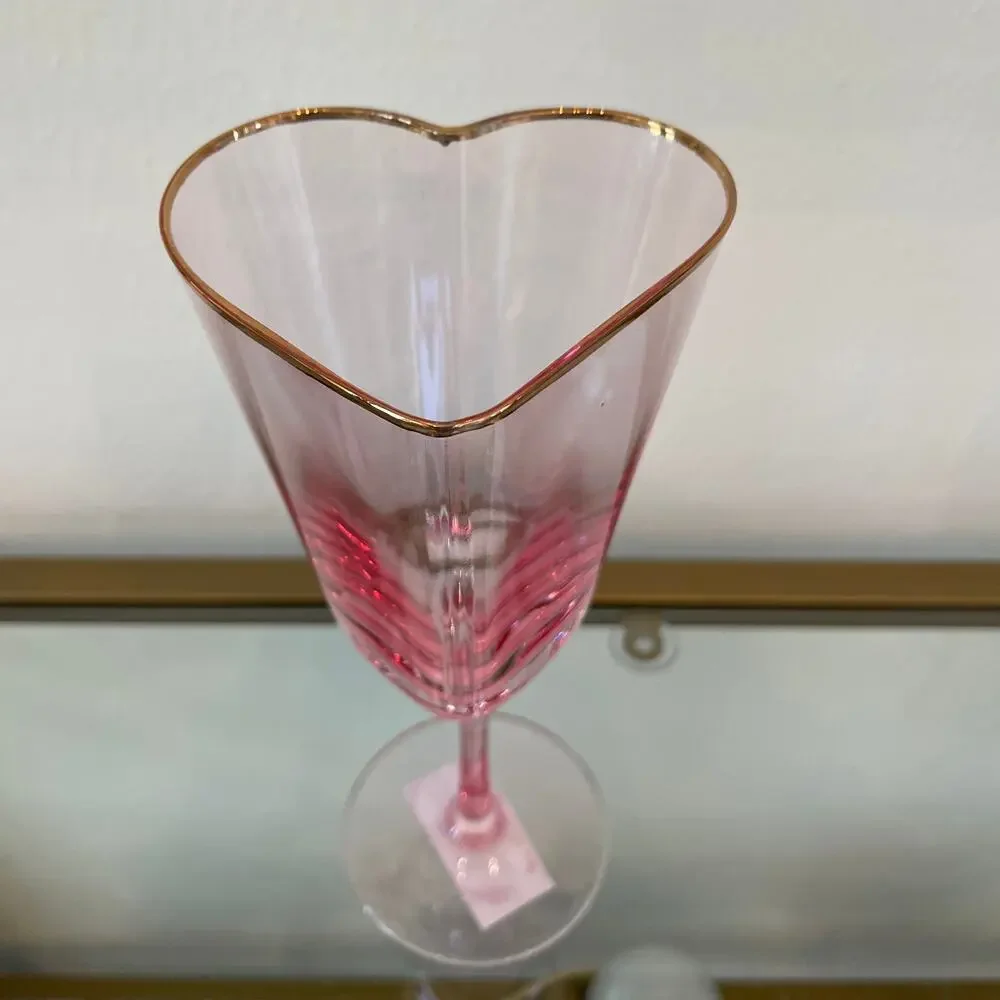 Pink Heart Shaped Wine Glasses with Gold Rim Valentines Day Set of 2 NEW